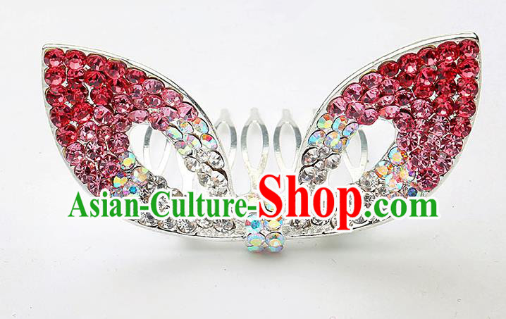 Handmade Children Hair Accessories Red Crystal Hair Comb, Princess Halloween Model Show Royal Crown Headwear for Kids