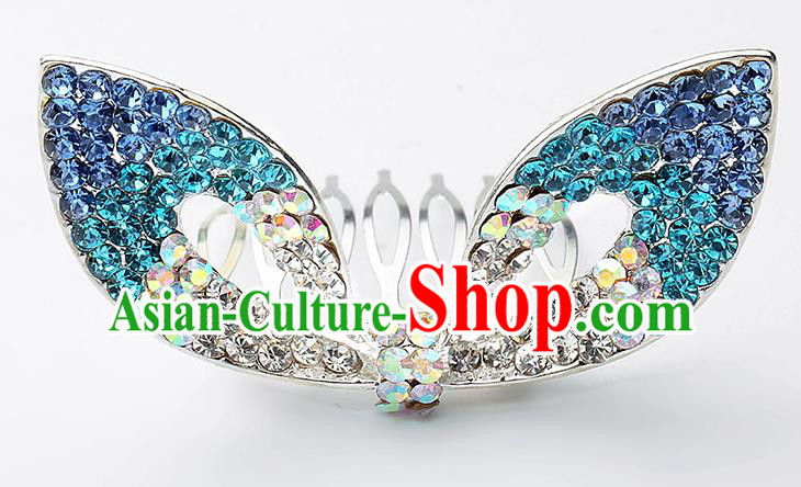 Handmade Children Hair Accessories Blue Crystal Hair Comb, Princess Halloween Model Show Royal Crown Headwear for Kids