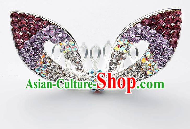 Handmade Children Hair Accessories Purple Crystal Hair Comb, Princess Halloween Model Show Royal Crown Headwear for Kids