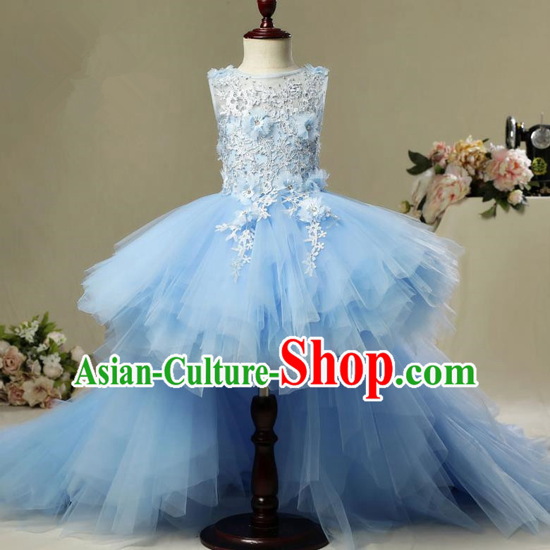 Children Christmas Model Show Dance Costume Blue Veil Trailing Dress, Ceremonial Occasions Catwalks Princess Full Dress for Girls