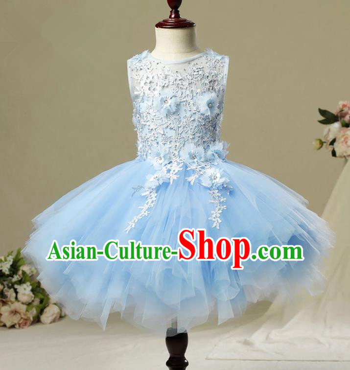 Children Christmas Model Show Dance Costume Blue Veil Bubble Dress, Ceremonial Occasions Catwalks Princess Full Dress for Girls