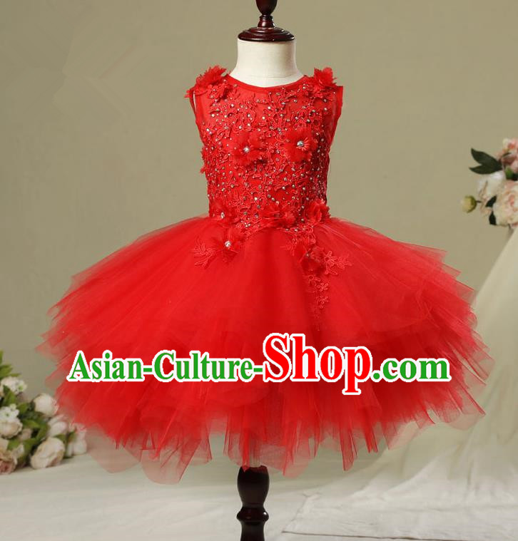 Children Christmas Model Show Dance Costume Red Veil Bubble Dress, Ceremonial Occasions Catwalks Princess Full Dress for Girls