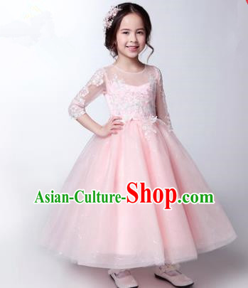 Children Christmas Model Show Dance Costume Pink Veil Dress, Ceremonial Occasions Catwalks Princess Full Dress for Girls