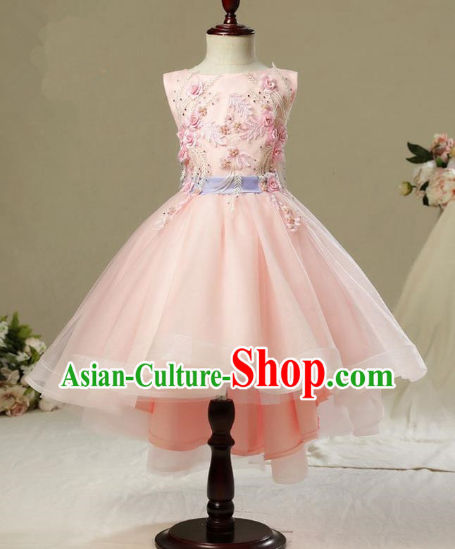 Children Model Show Dance Costume Pink Embroidered Bubble Dress, Ceremonial Occasions Catwalks Princess Full Dress for Girls