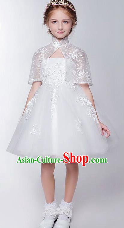 Children Christmas Model Show Dance Costume Embroidered White Veil Dress, Ceremonial Occasions Catwalks Princess Full Dress for Girls