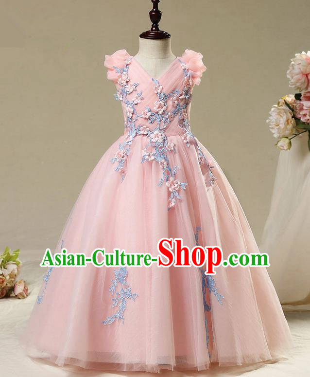 Children Christmas Model Show Dance Costume Embroidered Pink Veil Dress, Ceremonial Occasions Catwalks Princess Full Dress for Girls