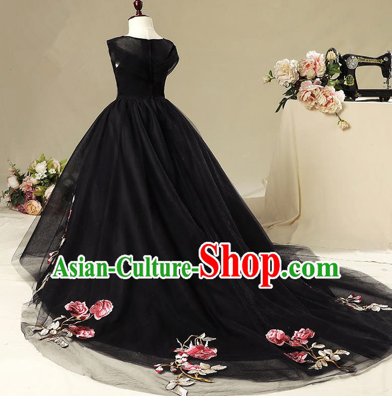 Children Christmas Model Show Dance Costume Embroidered Black Trailing Dress, Ceremonial Occasions Catwalks Princess Full Dress for Girls