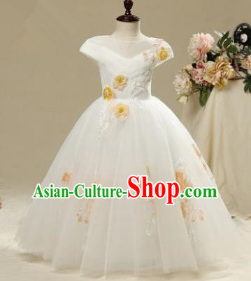 Children Christmas Model Show Dance Costume Embroidered White Dress, Ceremonial Occasions Catwalks Princess Full Dress for Girls