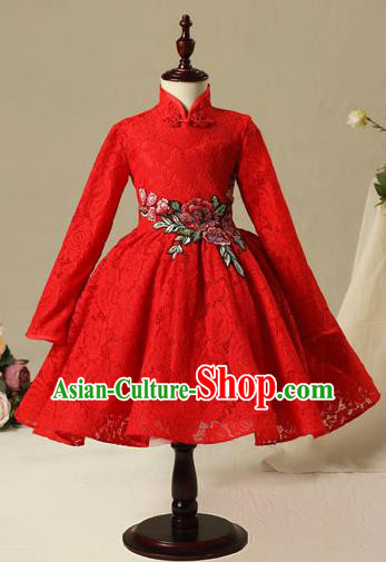 Children Christmas Model Show Dance Costume Red Lace Cheongsam, Ceremonial Occasions Catwalks Princess Full Dress for Girls