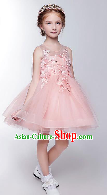 Children Christmas Model Show Dance Costume Pink Veil Dress, Ceremonial Occasions Catwalks Princess Full Dress for Girls