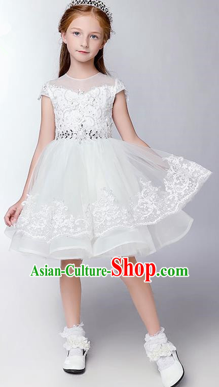 Children Christmas Model Show Dance Costume White Veil Dress, Ceremonial Occasions Catwalks Princess Full Dress for Girls