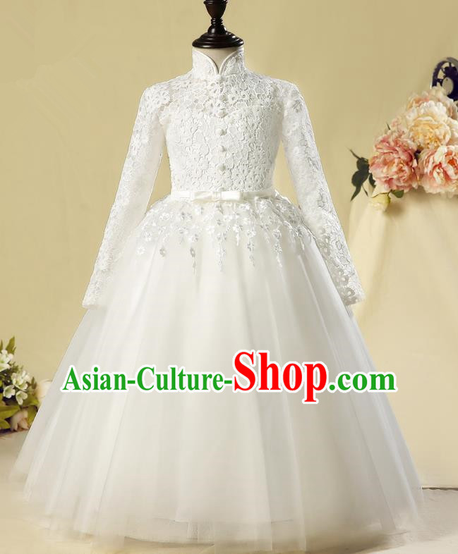 Children Christmas Model Show Dance Costume White Lace Dress, Ceremonial Occasions Catwalks Princess Full Dress for Girls