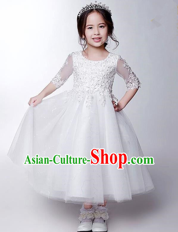 Children Christmas Model Show Dance Costume White Beading Dress, Ceremonial Occasions Catwalks Princess Full Dress for Girls