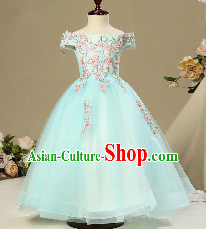 Children Christmas Model Show Dance Costume Embroidered Green Dress, Ceremonial Occasions Catwalks Princess Off Shoulder Full Dress for Girls