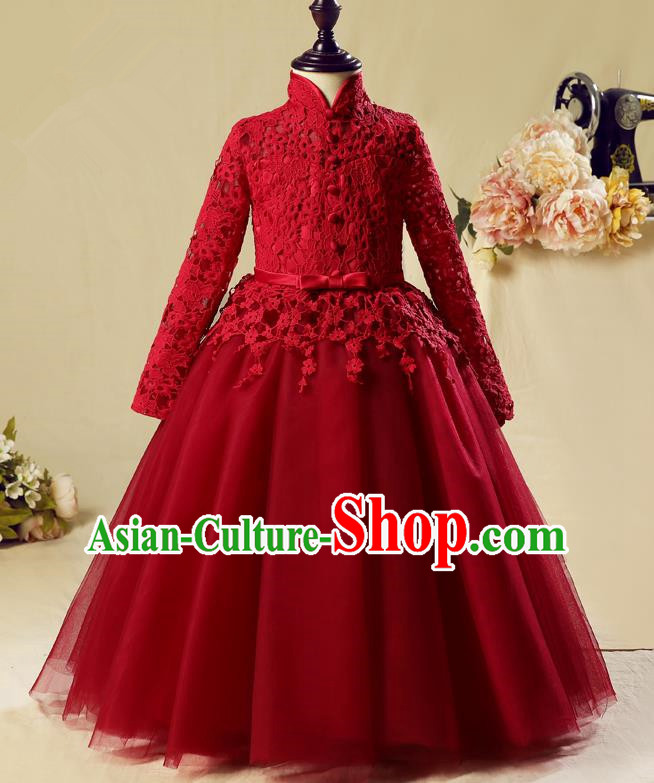 Children Christmas Model Show Dance Costume Red Veil Dress, Ceremonial Occasions Catwalks Princess Full Dress for Girls