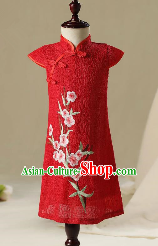 Children China Model Show Dance Costume Red Cheongsam, Ceremonial Occasions Catwalks Princess Qipao for Girls