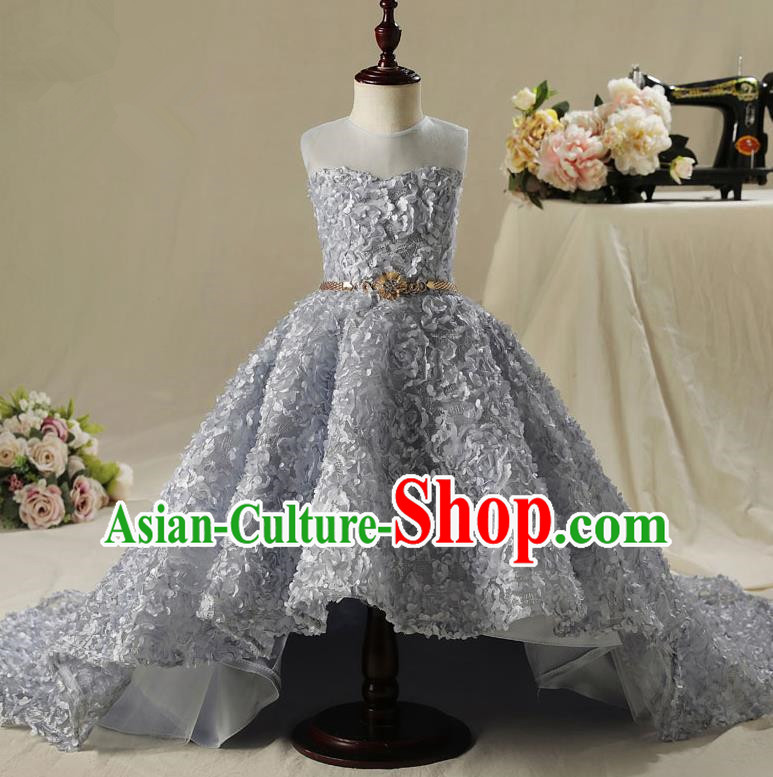 Children Model Show Dance Costume Grey Flower Petals Trailing Dress, Ceremonial Occasions Catwalks Princess Full Dress for Girls