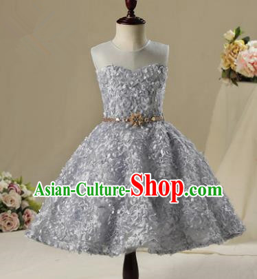 Children Model Show Dance Costume Grey Flower Petals Short Dress, Ceremonial Occasions Catwalks Princess Full Dress for Girls