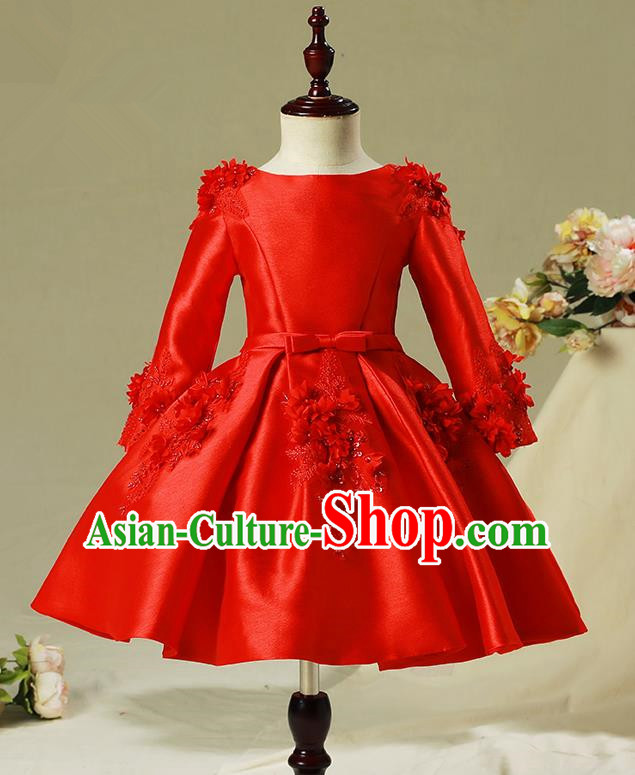 Children Model Show Dance Costume Red Embroidered Dress, Ceremonial Occasions Catwalks Princess Full Dress for Girls