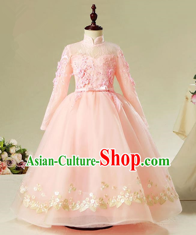 Children Model Show Dance Costume Pink Veil Dress, Ceremonial Occasions Catwalks Princess Full Dress for Girls