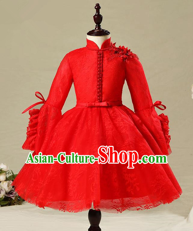 Children Model Show Dance Costume Red Veil Dress, Ceremonial Occasions Catwalks Princess Full Dress for Girls