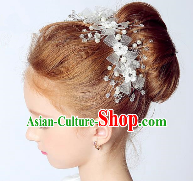 Handmade Children Hair Accessories White Bowknot Hair Stick, Princess Halloween Model Show Hair Claw Headwear for Kids