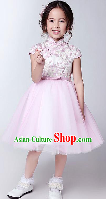 Children Model Show Dance Costume Pink Plated Buttons Cheongsam, Ceremonial Occasions Catwalks Princess Veil Dress for Girls