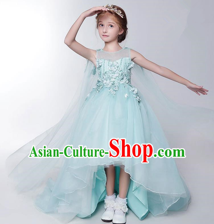 Children Model Show Dance Costume Green Veil Trailing Dress, Ceremonial Occasions Catwalks Princess Full Dress for Girls