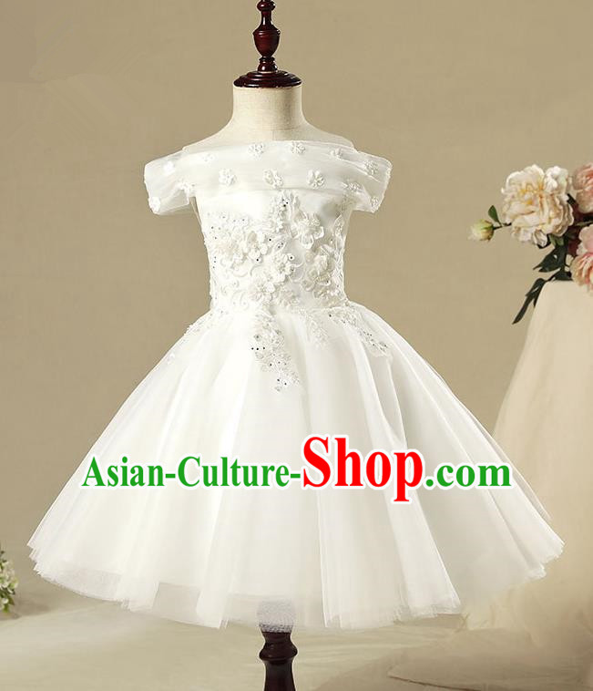 Children Model Show Dance Costume Off Shoulder White Dress, Ceremonial Occasions Catwalks Princess Full Dress for Girls