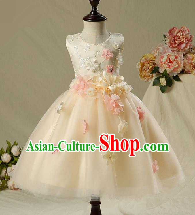 Children Model Show Dance Costume Champagne Veil Dress, Ceremonial Occasions Catwalks Princess Full Dress for Girls