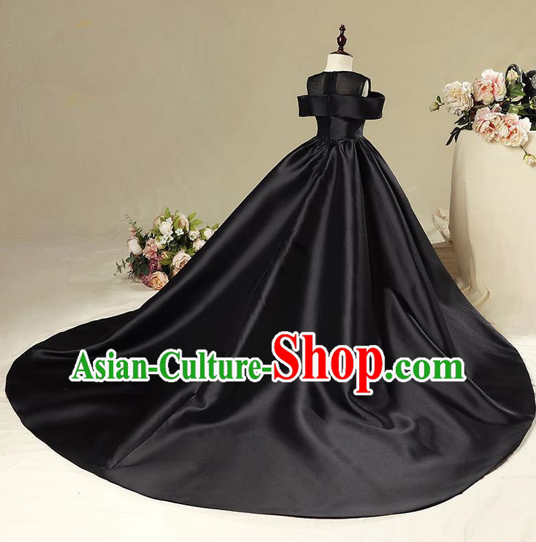 Children Model Show Dance Costume Black Satin Trailing Dress, Ceremonial Occasions Catwalks Princess Full Dress for Girls