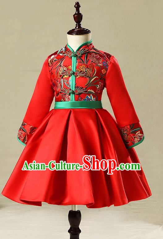 Children Model Show Dance Costume China Red Embroidered Cheongsam, Ceremonial Occasions Catwalks Princess Full Dress for Girls