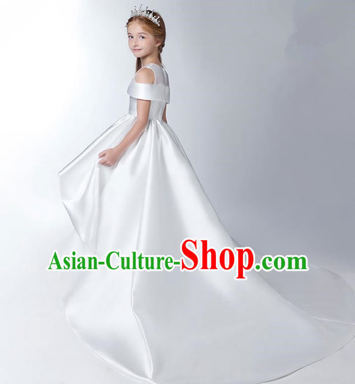 Children Model Show Dance Costume White Satin Trailing Dress, Ceremonial Occasions Catwalks Princess Full Dress for Girls