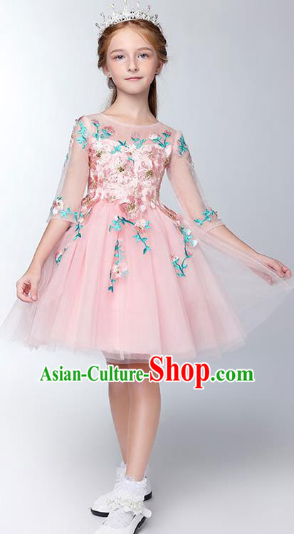 Children Model Show Dance Costume Pink Flowers Fairy Dress, Ceremonial Occasions Catwalks Princess Full Dress for Girls