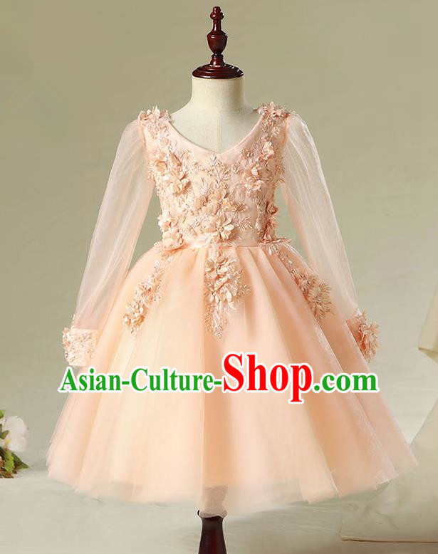 Children Model Show Dance Costume Flowers Fairy Orange Dress, Ceremonial Occasions Catwalks Princess Full Dress for Girls