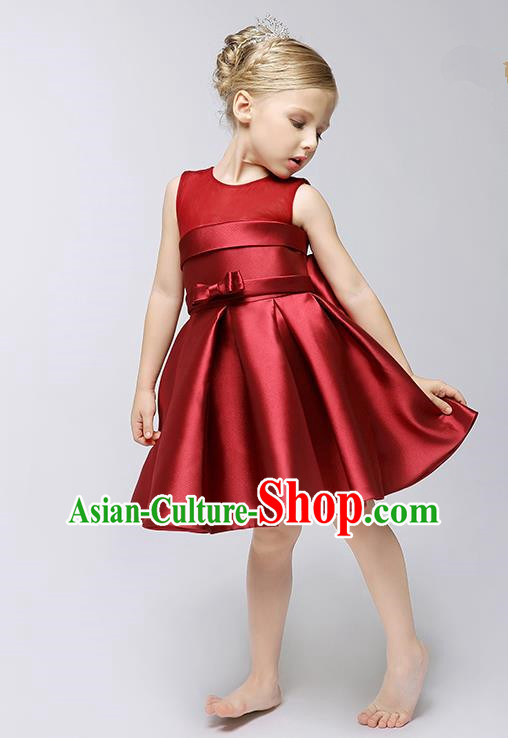 Children Model Show Ballet Dance Costume Wine Red Satin Dress, Ceremonial Occasions Catwalks Princess Full Dress for Girls