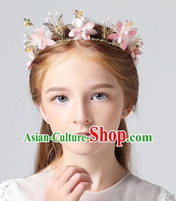 Handmade Children Hair Accessories Pink Flowers Garland, Princess Halloween Model Show Hair Clasp Headwear for Kids