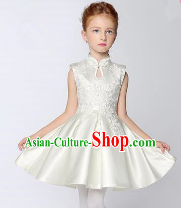 Children Model Show Dance Costume White Cheongsam Dress, Ceremonial Occasions Catwalks Princess Full Dress for Girls