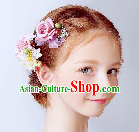 Handmade Children Hair Accessories Pink Flowers Hair Claw, Princess Halloween Model Show Hair Stick Headwear for Kids