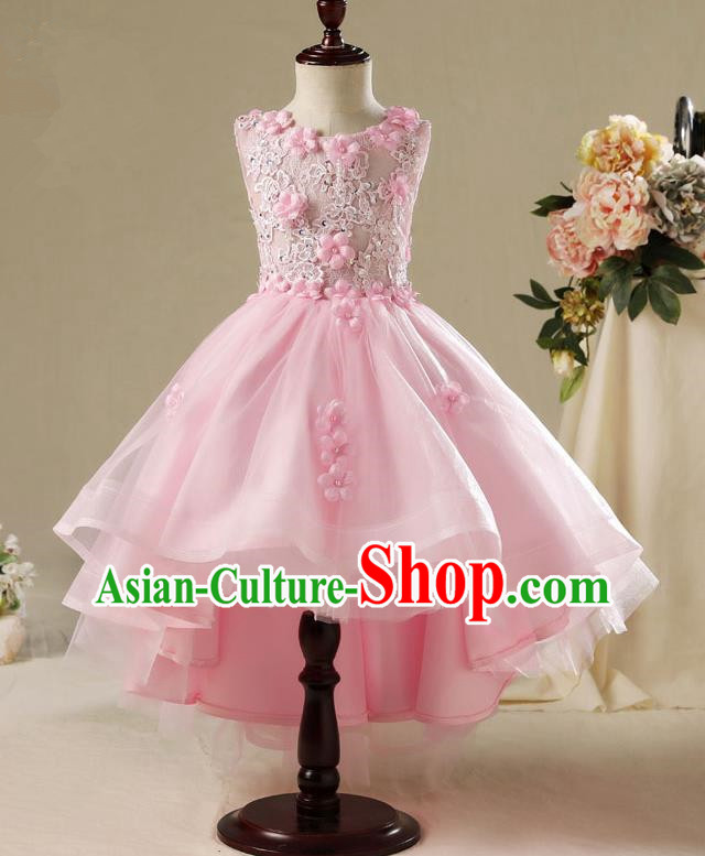 Children Model Show Ballet Dance Costume Pink Flowers Veil Dress, Ceremonial Occasions Catwalks Princess Full Dress for Girls