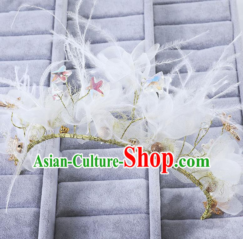 Handmade Children Hair Accessories Flowers Feather Royal Crown, Princess Halloween Model Show Hair Clasp Headwear for Kids