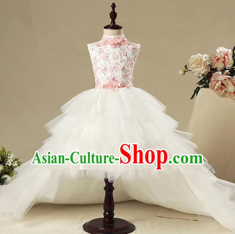 Children Model Show Dance Costume Trailing Veil Dress, Ceremonial Occasions Catwalks Princess Full Dress for Girls