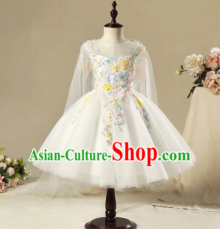 Children Model Show Dance Costume White Veil Bubble Full Dress, Ceremonial Occasions Catwalks Princess Dress for Girls