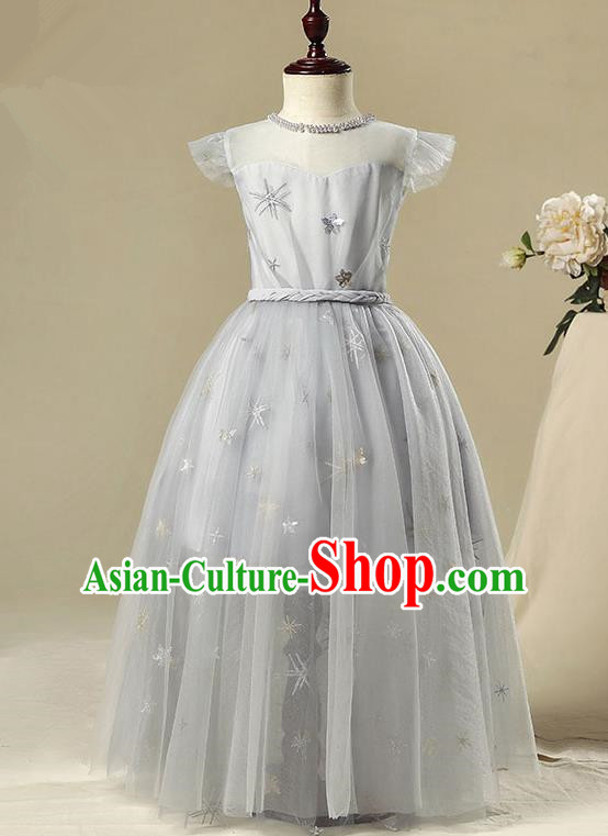 Children Model Show Dance Costume Grey Veil Dress, Ceremonial Occasions Catwalks Princess Full Dress for Girls