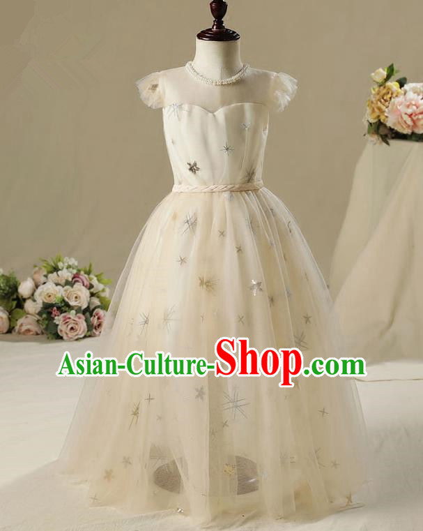 Children Model Show Dance Costume Champagne Veil Dress, Ceremonial Occasions Catwalks Princess Full Dress for Girls