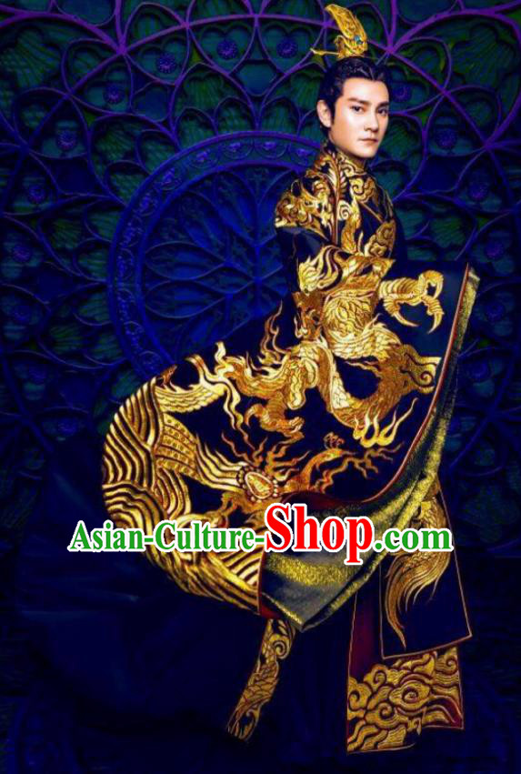 Asian Chinese Southern Liang Dynasty Imperial Emperor Embroidered Costume and Headpiece Complete Set for Men