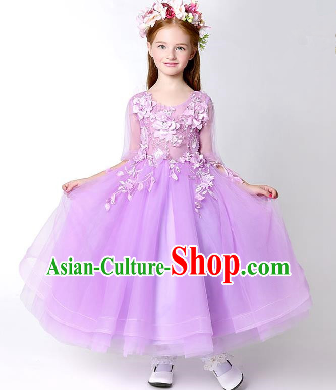 Children Model Show Dance Costume Flower Faerie Purple Veil Dress, Ceremonial Occasions Catwalks Princess Full Dress for Girls