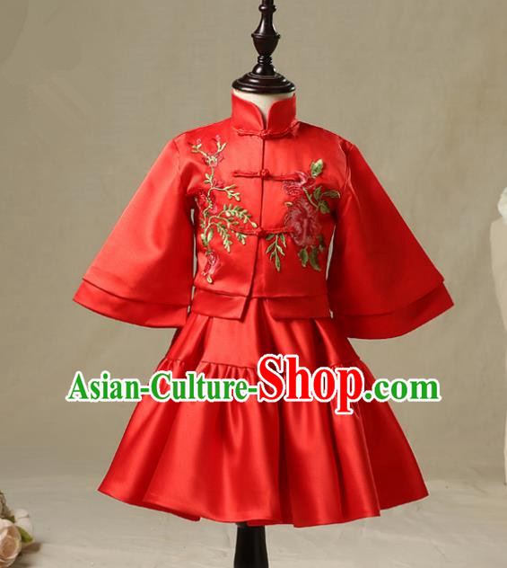 Children Model Show Dance Costume China Red Xiuhe Suit, Ceremonial Occasions Catwalks Princess Cheongsam for Girls