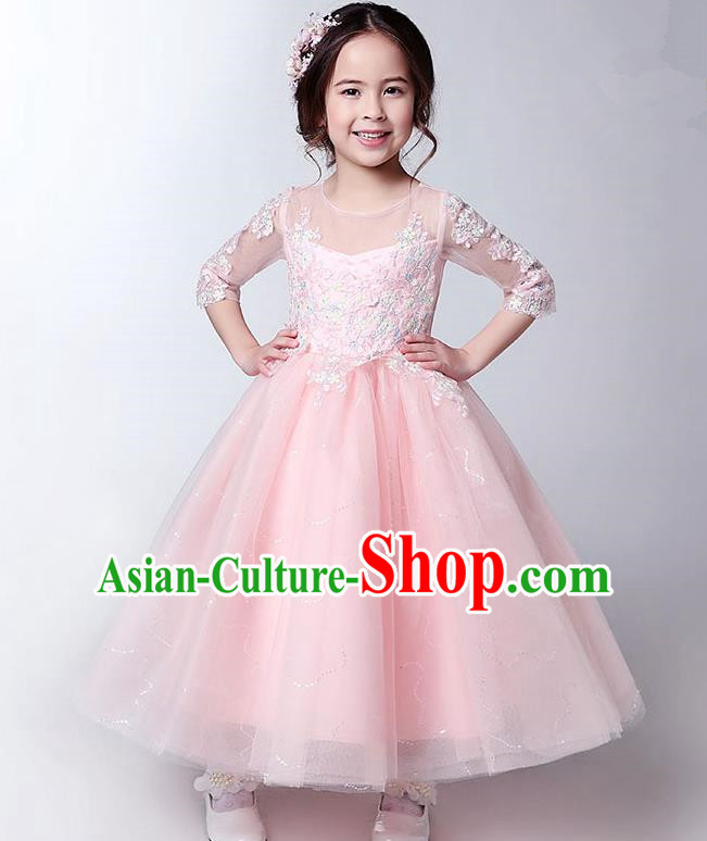 Children Model Show Dance Costume Pink Lace Full Dress, Ceremonial Occasions Catwalks Princess Dress for Girls