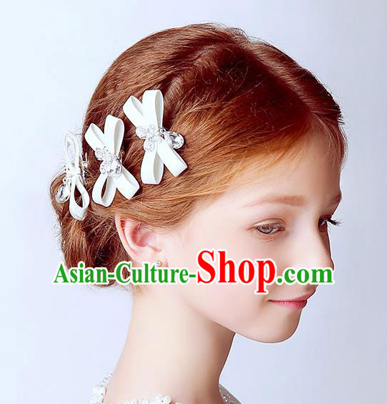 Handmade Children Hair Accessories White Bowknot Hair Stick, Princess Halloween Model Show Hair Claw Headwear for Kids